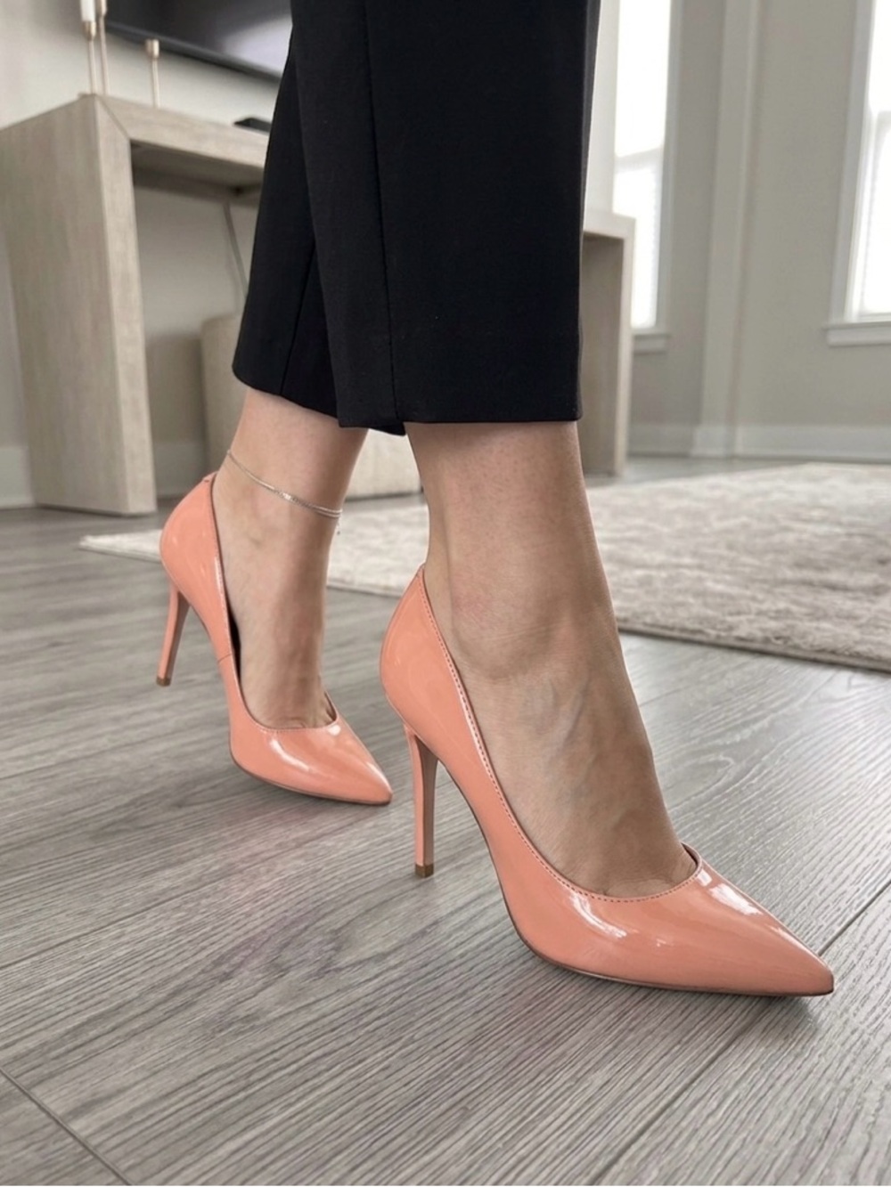 Classic Pointed-Toe Patent Pump in Peach